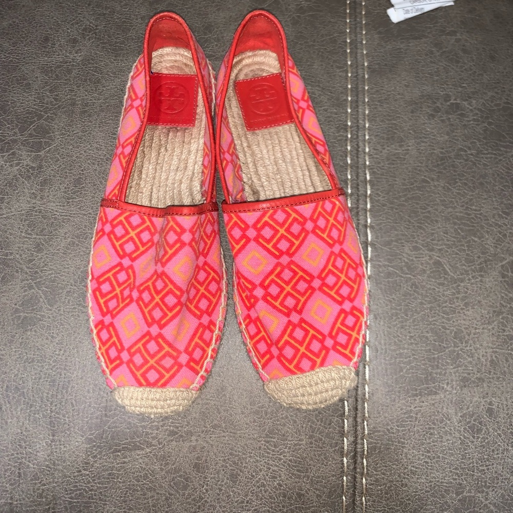 Tory Burch Pink & Red Geometric Canvas Espadrilles